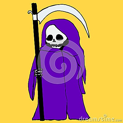 Bright, mystical, cartoon, death with a scythe,purple hoodie, is Vector Illustration