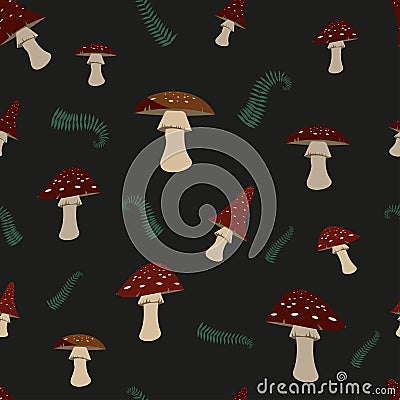 bright mystical pattern with fly agaric and fern isolated on a dark background. Vector illustration of the design for Vector Illustration