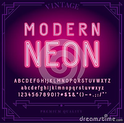 Bright Neon Alphabet Letters, Numbers and Symbols Sign in Vector. Night Show. Vector Illustration