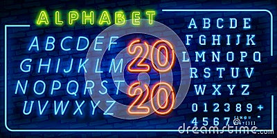 Bright Neon Alphabet Letters, Numbers and Symbols Sign in Vector. Night Show. Night Club. Neon illustration Stock Photo