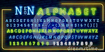 Bright Neon Alphabet Letters, Numbers and Symbols Sign in Vector. Night Show. Night Club. Neon illustration Stock Photo