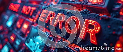 Bright Neon Artificial Lights Display Error Message in Dark Setting Stock Photo
