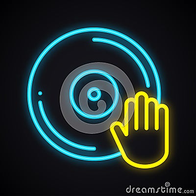 Bright neon disco sign. Glowing dancing party symbol. Club, vinyl, music, nightlife, DJ theme. Vector Illustration