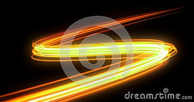 Bright neon glowing light tail, energy wave line with flash lights effect. Magic orange yellow glow swirl trace path, on black Stock Photo