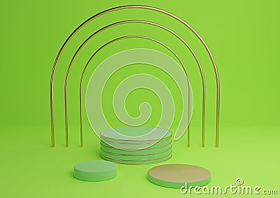 Bright, neon green 3D rendering simple product display cylinder podiums with luxury gold arch and lines three stands minimal Stock Photo