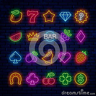 Bright neon icons for casino slot machine. Vector Illustration