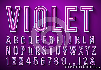 Bright neon letters. Violet glowing font, light box alphabet and neons lights lettering with shadow 3d vector Vector Illustration