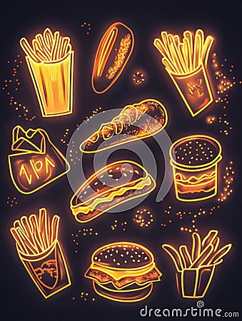 Bright neon outlines depict popular fast-food items like burgers, hot dogs, and fries on a dark backdrop, adding a Stock Photo