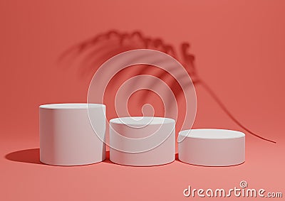 Bright, neon, salmon pink ,3D render of a simple, minimal product display composition backdrop with three podiums or stands and Stock Photo