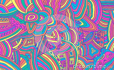 Bright neon trippy doodle stripe pattern. Colorful rainbow abstract detalized ornament. Psychedelic texture. Vector illustration Vector Illustration