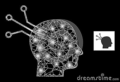 Bright Network Brain Link Mesh Icon with Sparkles Vector Illustration