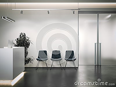 Bright office reception with waiting area. 3d rendering Stock Photo