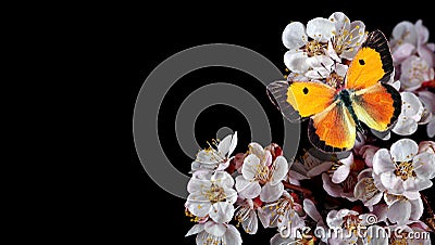 Bright orange butterfliy on whte spring flowers. apricot blossom branch isolated on black. colias croceus butterfly Stock Photo