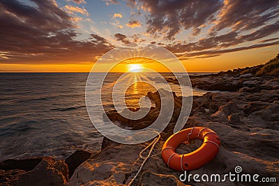 Bright orange lifebuoy on a rocky beach with the ocean in the background. Rescue and safety concept Stock Photo