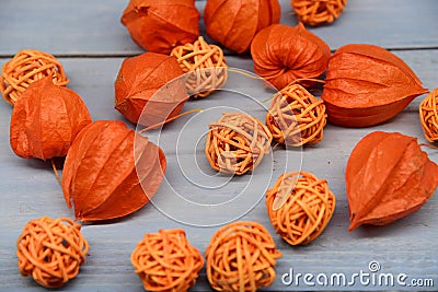 Bright orange physalis and wicker balls on a blue wooden background Stock Photo