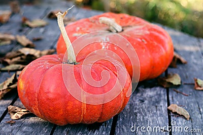 Bright orange pumpkins on an old wooden table with dry autumn leaves Stock Photo