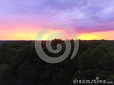 Bright orange sunset over the treetops in the forest. Violet clouds in the evening sky. Natural background. Stock Photo