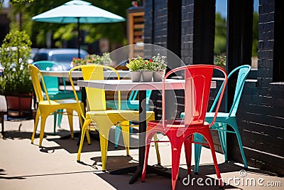 bright outdoor bistro tables with matching chairs Stock Photo