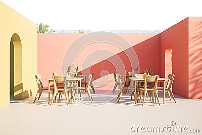 Bright outdoor yellow and white cafe Stock Photo