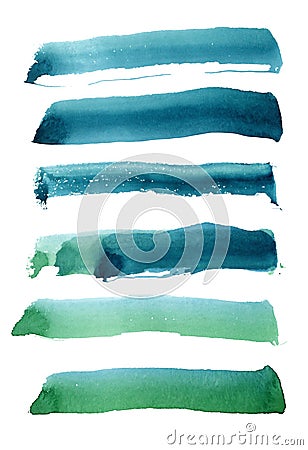 Bright painted green and blue watercolor strips. Hand drawn elements isolated on white background. Stock Photo