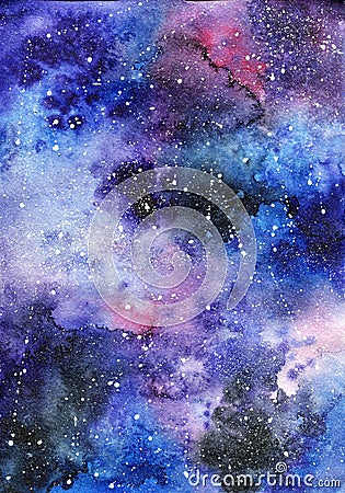 Bright painted watercolor space texture. Hand drawn background with text place Stock Photo