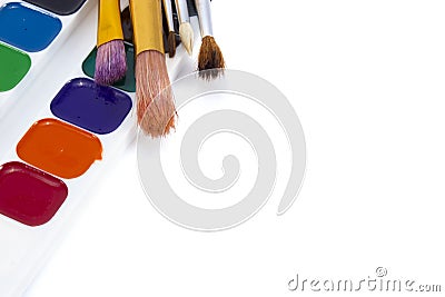 Bright paints watercolors with brushes isolated on white Stock Photo