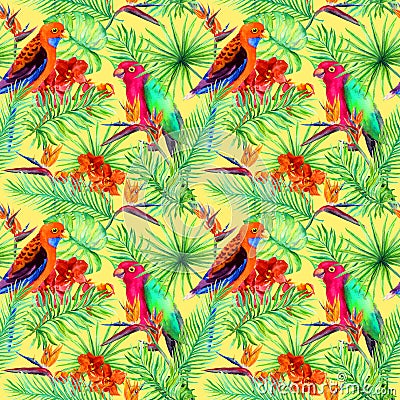 Bright parrot birds, tropical tree, jungle exotic flowers - bird of paradise flower, orchid. Seamless pattern Stock Photo