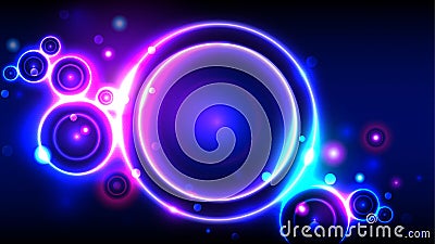 Bright party background, neon glowing circles, abstract multicolor round frame bokeh Vector Illustration