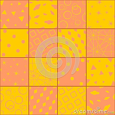 Bright patchwork in orange and yellow colors with sixteen abstract patterns. Vector design Vector Illustration