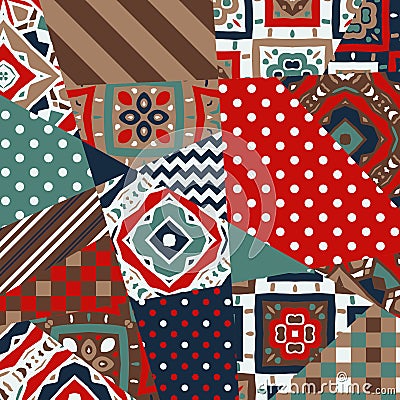 Bright patchwork pattern with abstract geometric prints. Vector Vector Illustration