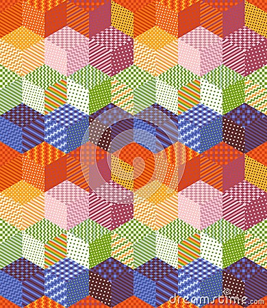 Bright patchwork pattern from colorful patches with geometric ornaments. Seamless vector illustration of quilt. Isometric design Vector Illustration