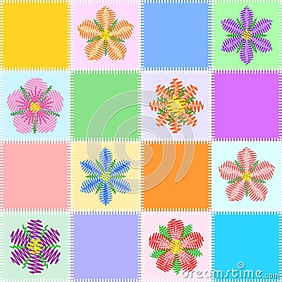 Bright patchwork pattern with different flowers and multi-colored squares. Vector design Vector Illustration