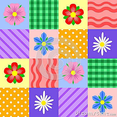 Bright patchwork pattern with different flowers. Vector design Vector Illustration