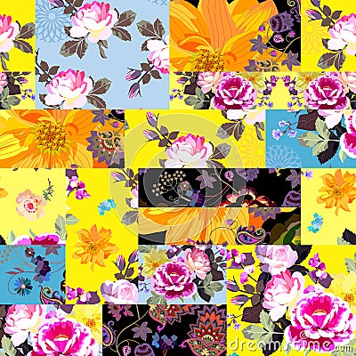 Bright patchwork seamless pattern with flowers. Vector collage design Vector Illustration