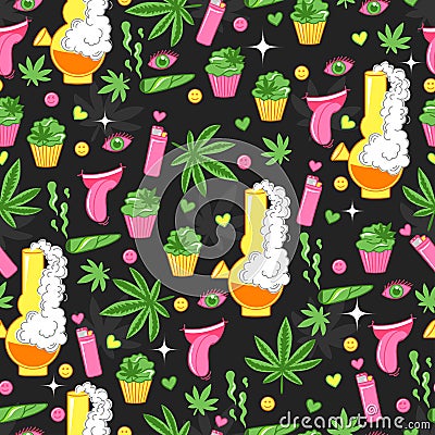 Bright pattern with cannabis, marijuana, cupcakes, smoke, lighter, smile Stock Photo