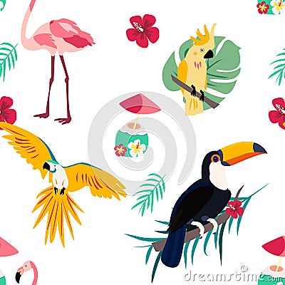 Bright pattern with toucan, parrot, flamingo and cocktail. Can be used for wrapping, envelope paper, textile. Vector Illustration