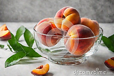 Bright peaches with green leaves lie beautifully in a glass vase on a gray background. Composition of ripe fruits Stock Photo