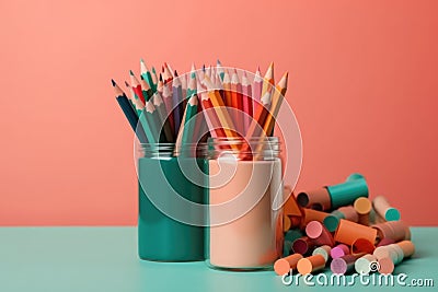 Bright pencils in holder and chalks isolated on colorful background. space for text. back to school Stock Photo