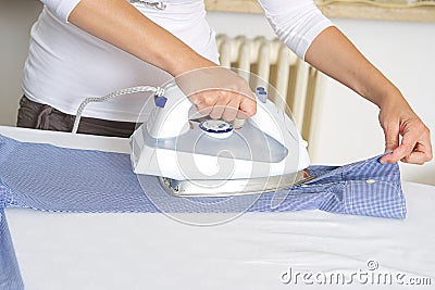 Bright picture of lovely housewife with iron Stock Photo