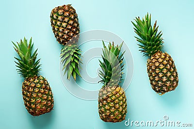 Bright pineapple pattern for minimal style. Top View. Pop art design, creative concept. Copy Space. Banner. Fresh Stock Photo