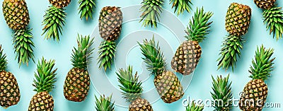 Bright pineapple pattern for minimal style. Top View. Pop art design, creative concept. Copy Space. Banner. Fresh Stock Photo