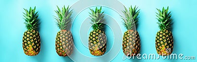Bright pineapple pattern for minimal style. Top View. Pop art design, creative concept. Copy Space. Fresh pineapples on Stock Photo