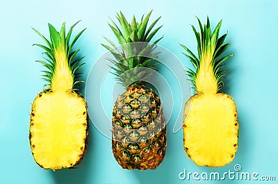 Bright pineapple pattern for minimal style. Top View. Pop art design, creative concept. Copy Space. Fresh pineapples on Stock Photo