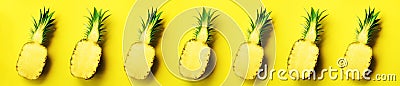 Bright pineapple pattern for minimal style. Top View. Pop art design, creative concept. Copy Space. Fresh pineapples on Stock Photo