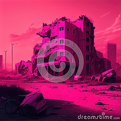 bright pink apocalyptic buildings in ruined postapocalyptic city Stock Photo