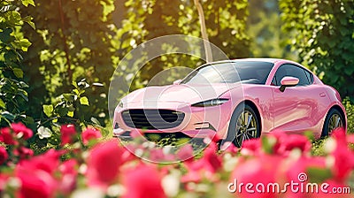 Pink electric car on sunset summer green street background with trees and roses Stock Photo