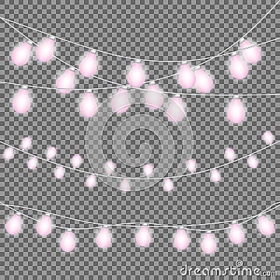 Bright pink Christmas lights isolated realistic design elements. Glowing lights for Party Vector Illustration