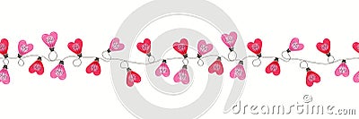 Colorful Valentine`s Day Holiday Intertwined Heart Shape String Lights on White Background Vector Seamless Border Vector Illustration