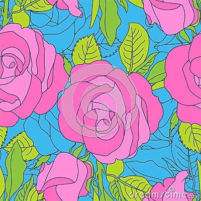 Bright pink flowers pattern on blue background Vector Illustration