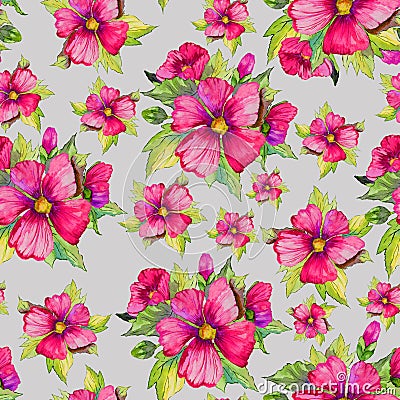 Bright pink malva flowers with green buds and leaves on light grey background. Seamless floral pattern. Watercolor painting. Cartoon Illustration